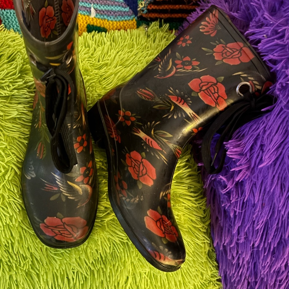 Y2K Iron Fist Black and Red Floral Rain Boots
